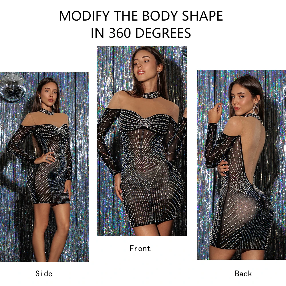 2024 NIKBK Deluxe Beaded Ball Gown Prom Dress Long Sleeve Microtransparent Openwork Performance Dance Clothes Sexy Club Style