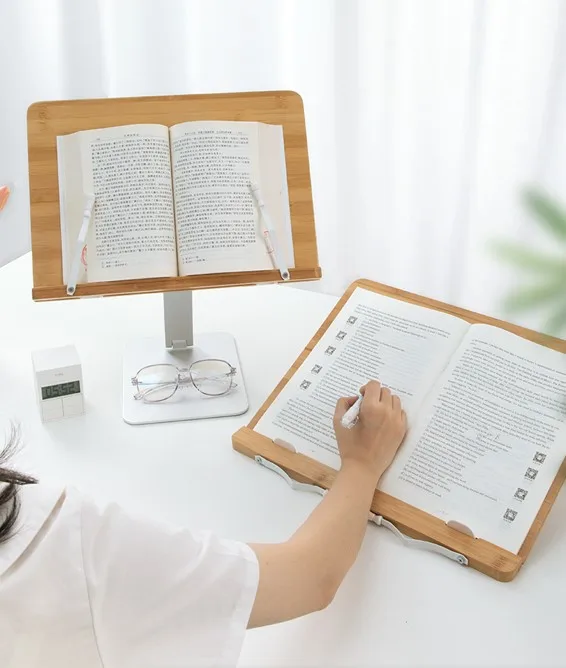 New Style Multifunctional Reading Writing Use Aluminum Alloy Bracket Bamboo Wooden Lifting Desktop Book Reading Stand Holder
