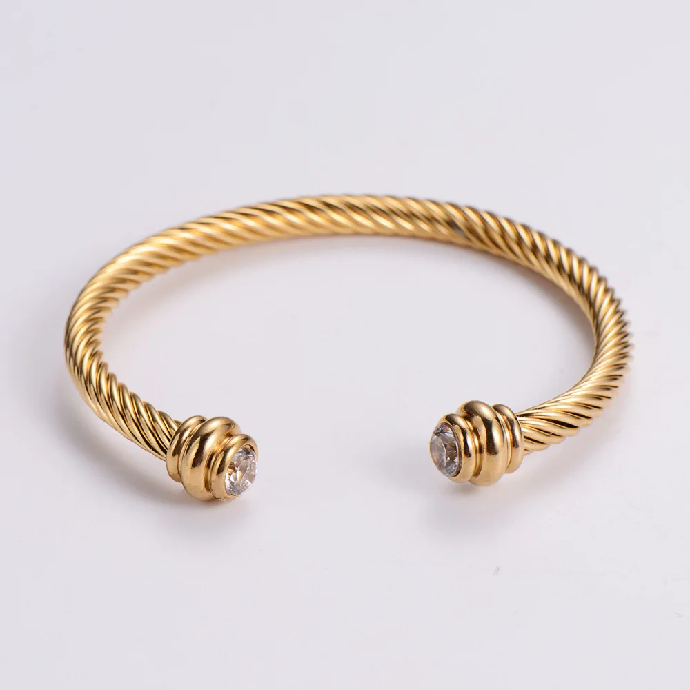 stainless steel gold plated zircon genuine gemstones twisted cable wire open cuff bangle bracelet