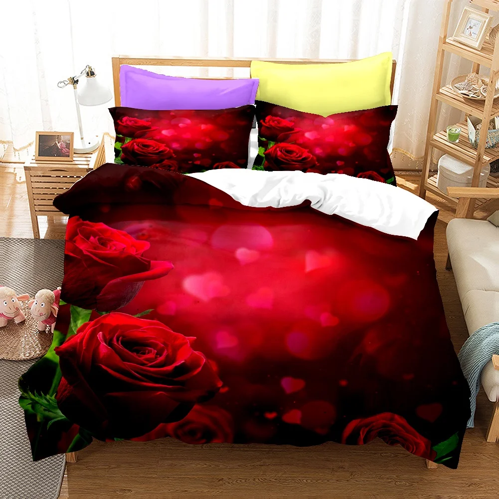 3D Digital Duvet Cover Flower Red Rose Luxury Bedding Sets Collections 100% Microfiber Printed Bed Sheets With Pillow Covers