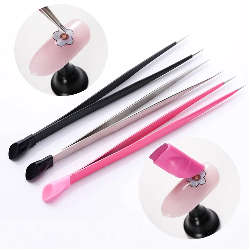 Double Ended Straight Head Rhinestones Sticker Picker Nail Art Tools Manicure Stainless Steel Silicone Nail Art Tweezers