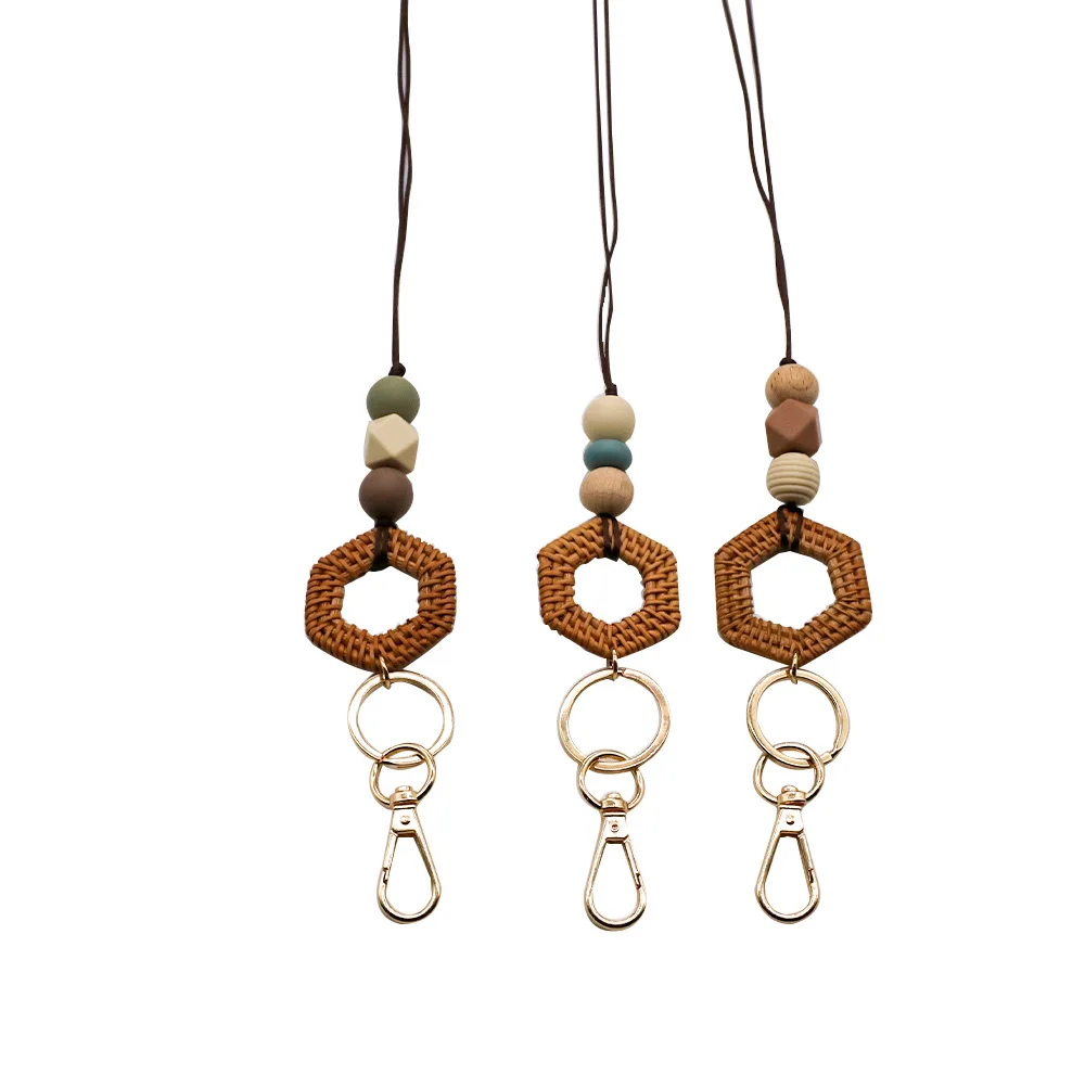 Bohemian Women Wooden Bead Lanyard  Silicone Beaded Keychain ID Card Lanyards Teacher Gifts Souvenir