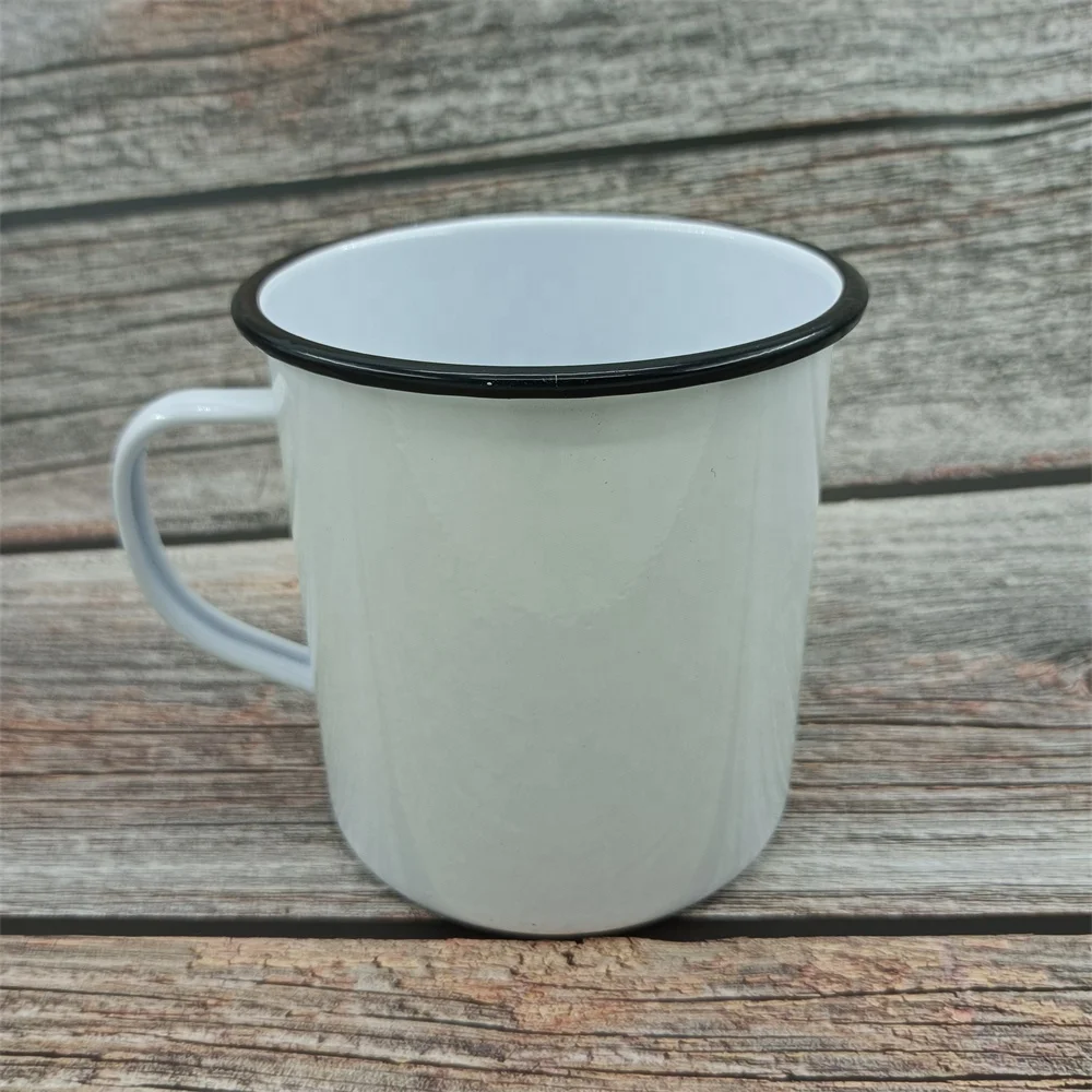 Customized Customized Vintage Powder Coating Wholesale White in Black Rim Travel Metal Coffee Cup Easy Carrying Camping Mug