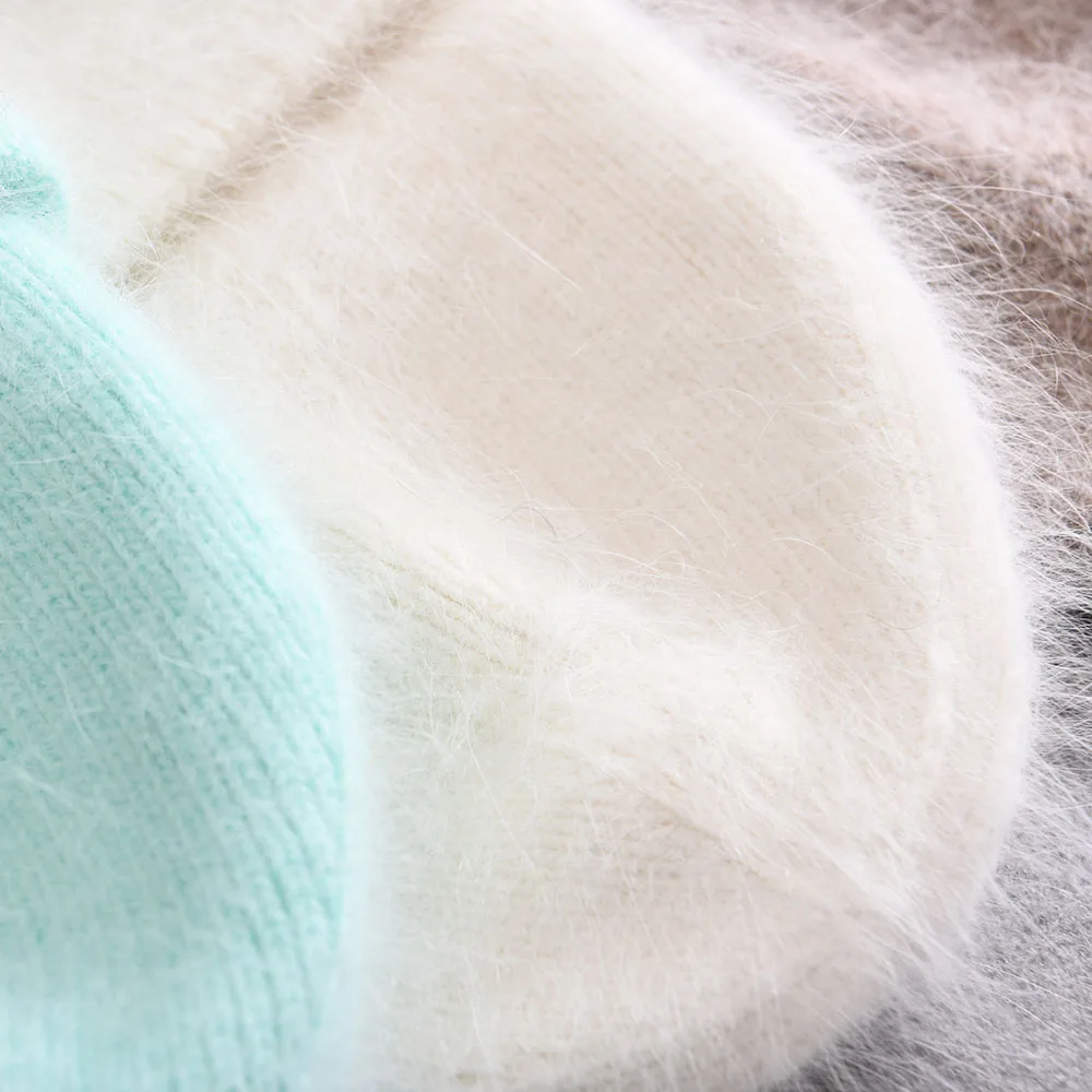 Outdoor Angora Rabbit Fur Knitted Hat Striped Wholesale Unisex Women Winter Custom Blank Fluffy Long Angora Wool Adult Beanie