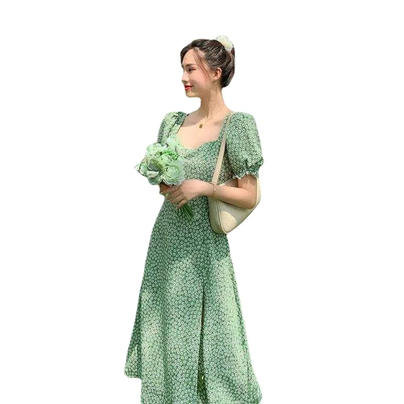 Женское платье с квадратным вырезом, повседневное длинное приталенное платье с рукавами-фонариками и цветочным принтом в Корейском стиле