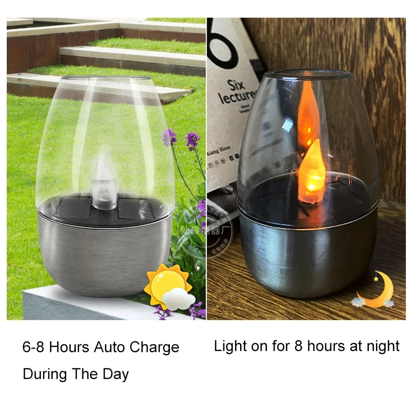 2024 New Arrival Waterproof Solar Power LED Candle Light Auto On Off  Stainless Steel Base Candle Lamp