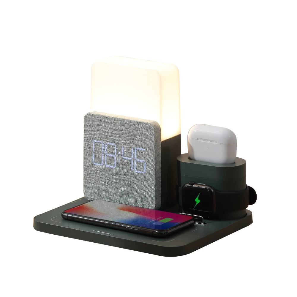 New Design bedside lamp led night light with alarm clock wireless charger for earbuds watch