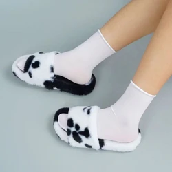 Light Soft Dairy Cow Print Fur Slippers Winter Warm Plush Shoes Slides for Women Girls House Flat Slides Wholesale