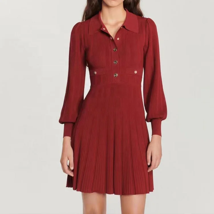 Производители трикотажных изделий под заказ воротник-поло с длинным рукавом ребристая трикотажная женская кофта плиссированное платье