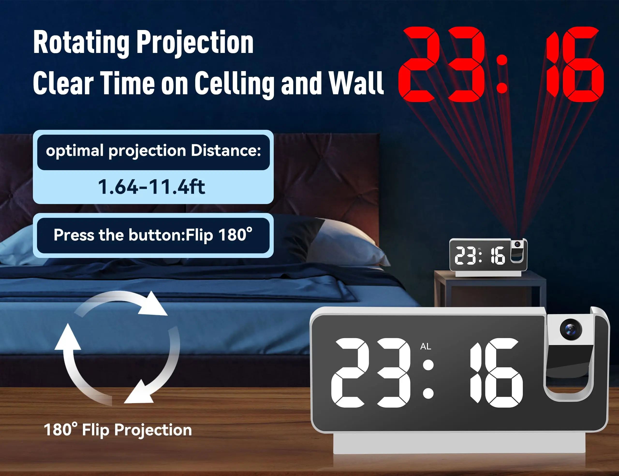 Projection Alarm Clock for Bedrooms LED Digital Clock with  Projector on Ceiling Wall Snooze Brightness Temperature