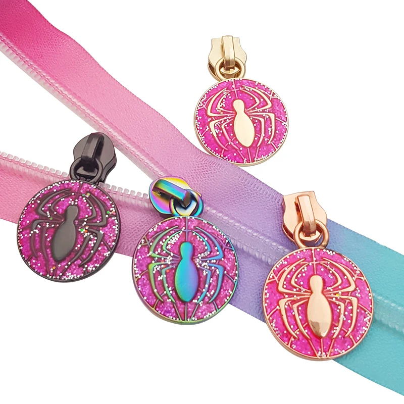 Wholesale glitter spider zipper pulls colorful #5 nylon slider brand metal zip puller for bags