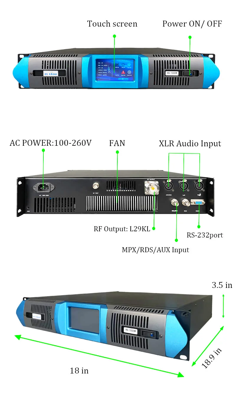 600W touch screen FM transmitter + 1-bay dipole antenna for radio station