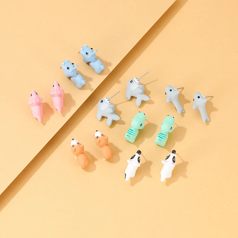 Cuteness Fashion Classic Interesting Stereoscopic Cartoon Dinosaur Shark Hippo Dog Animal Resin Stud Earrings Jewelry Wholesale