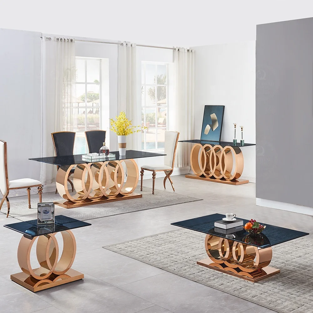 Wholesale foshan supplier furniture luxury modern big dianing table and 10 chairs set metal legs stainless steel dining table