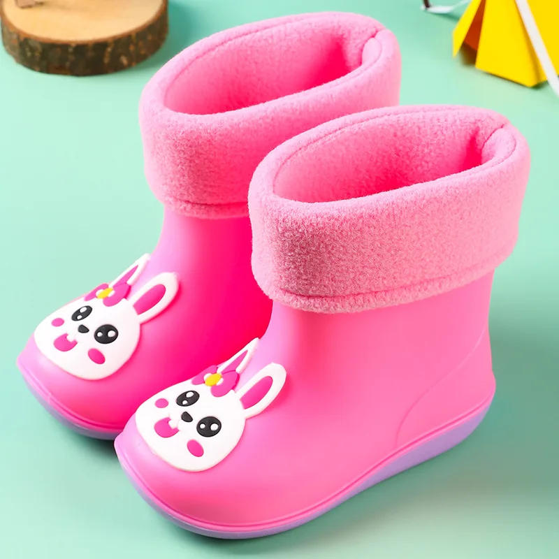 Детские ботинки для дождя, детская обувь с мультяшными животными, плюшевая теплая обувь для дождя для мальчиков и девочек, оптовая продажа