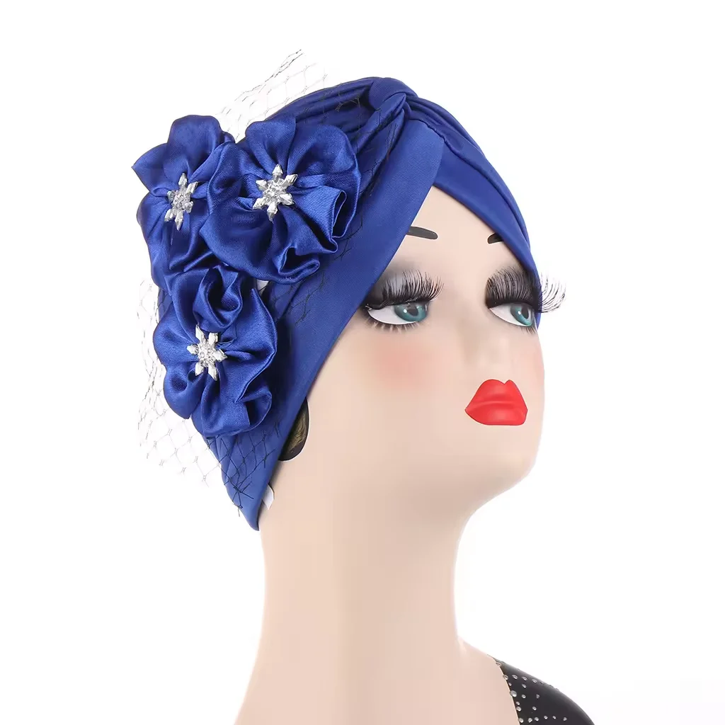 TB-337 Fashion Mesh Three-Flower Hood Decorative Party Caps Indian Beanie Hat Arab Muslim Women Head Turban Hat