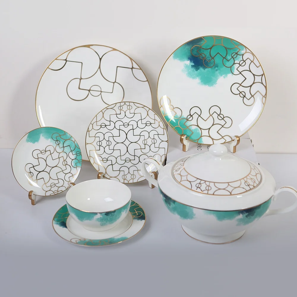 JACOTTA luxury green and gold dishes sets high bone china decorative wedding porcelain dinner set bone china dinner plate set