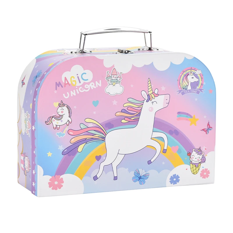 Little Girls Gift Pretend Kids Toy Tin Tea Set With Food and Carrying Case Unicorn 48 Piece Party