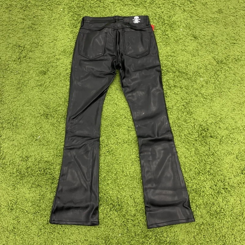 EDGEDENIM Embroidery logo Fleece Lining Black Red Leather Stacked Flare Pants Men