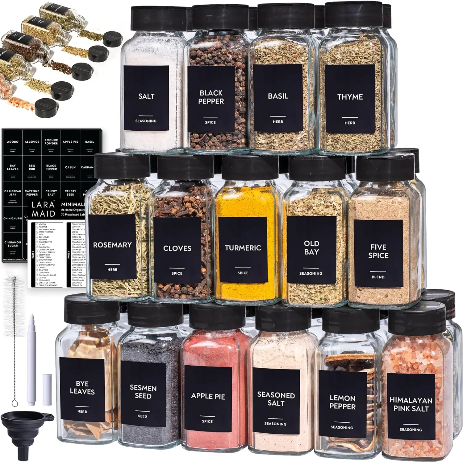 Glass Jars with Minimalist Black Spice Labels, Black Plastic Shaker Lid Dispenser White Chalk Marker Cleaning Brush and  Funnel