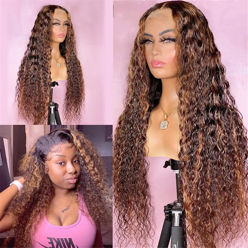 
Natrual Black Blonde Highlighted Transparent HD Lace Front Wigs Raw Virgin Human Hair Water Wave Brazilian Wig for Black Women 