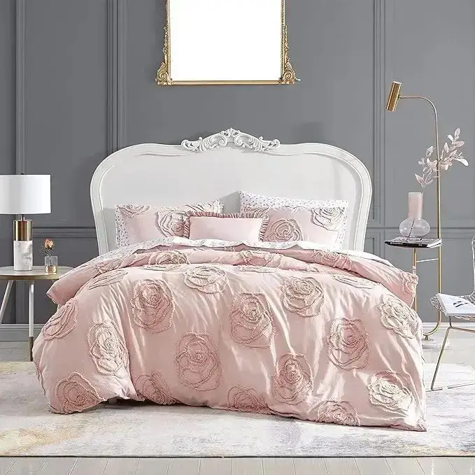 Luxury Light Pink Tufted Duvet Cover Set Cotton Bedding with Matching Sham All Season Home Decor Quilt Cover