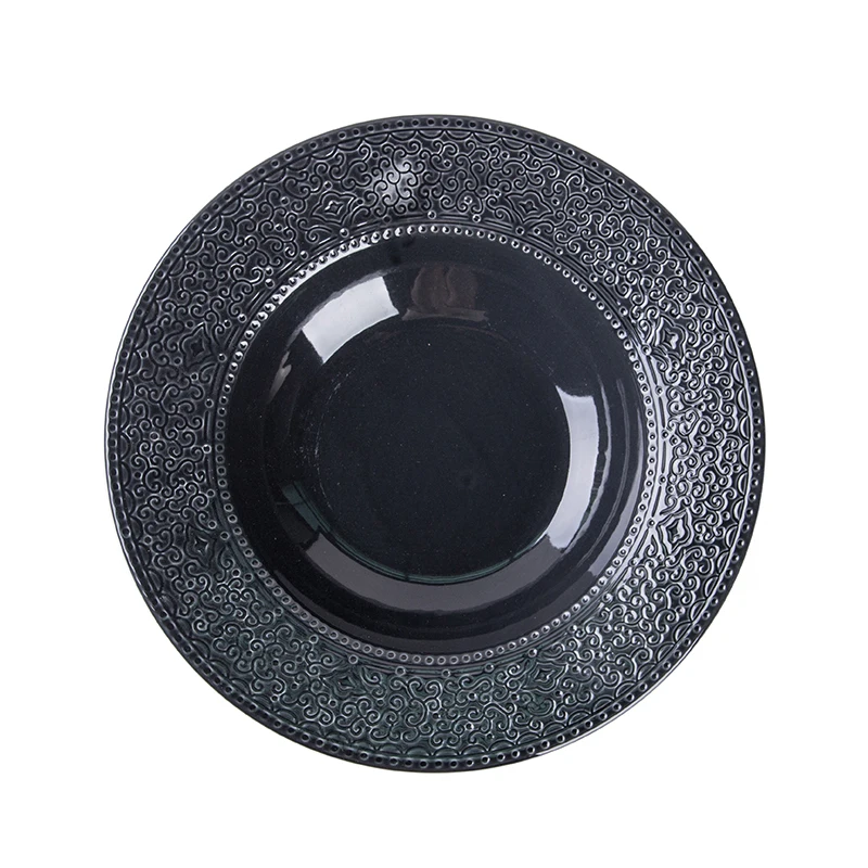 
Simple Black11Inch Ceramic Embossed Wide Rim Deep Serving Tray Steak FruitAppetizer Pasta Bread Plates Porcelain Dinnerware Dish 