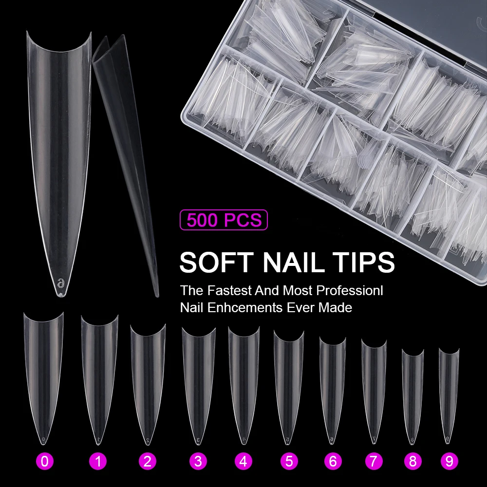 Wholesale Half Cover Long French Acrylic Nail Tips Almond Stiletto Coffin Round Clear Soft Gel Tips for Manicure