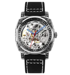 SKMEI 9271 mens luxury mechanical watch engraved printed case automatic watches hollow dial genuine leather wristwatch