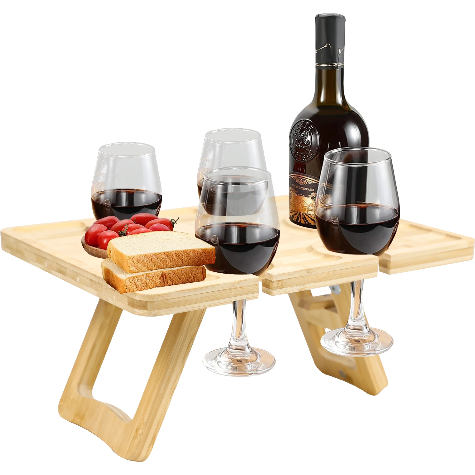 Bamboo Wine Picnic Table Large Folding Portable Outdoor Snack & Cheese Tray for Concerts at Park, Beach