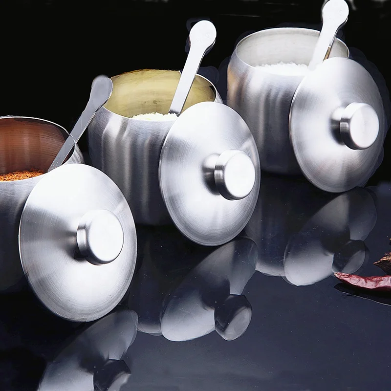 Spice Jar Condiment Pots Set SUS304 Stainless Steel Seasoning Container with Spoon Holder Rack and Lid