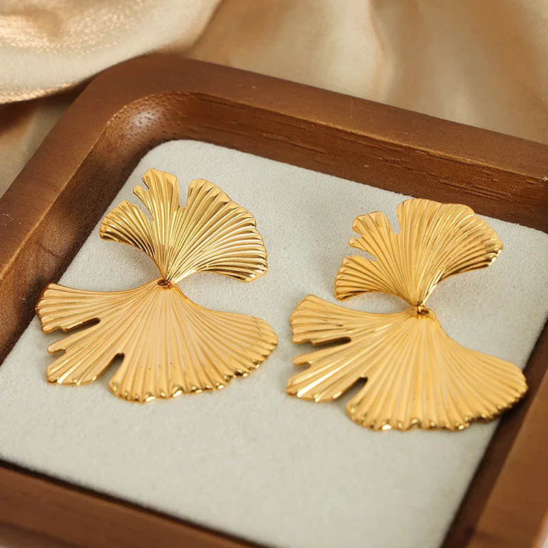 Vershal VSA-65 Stainless Steel 18K Gold Plated Ginkgo Leaf Shape Double Side Earrings Vintage Unique Design Earrings