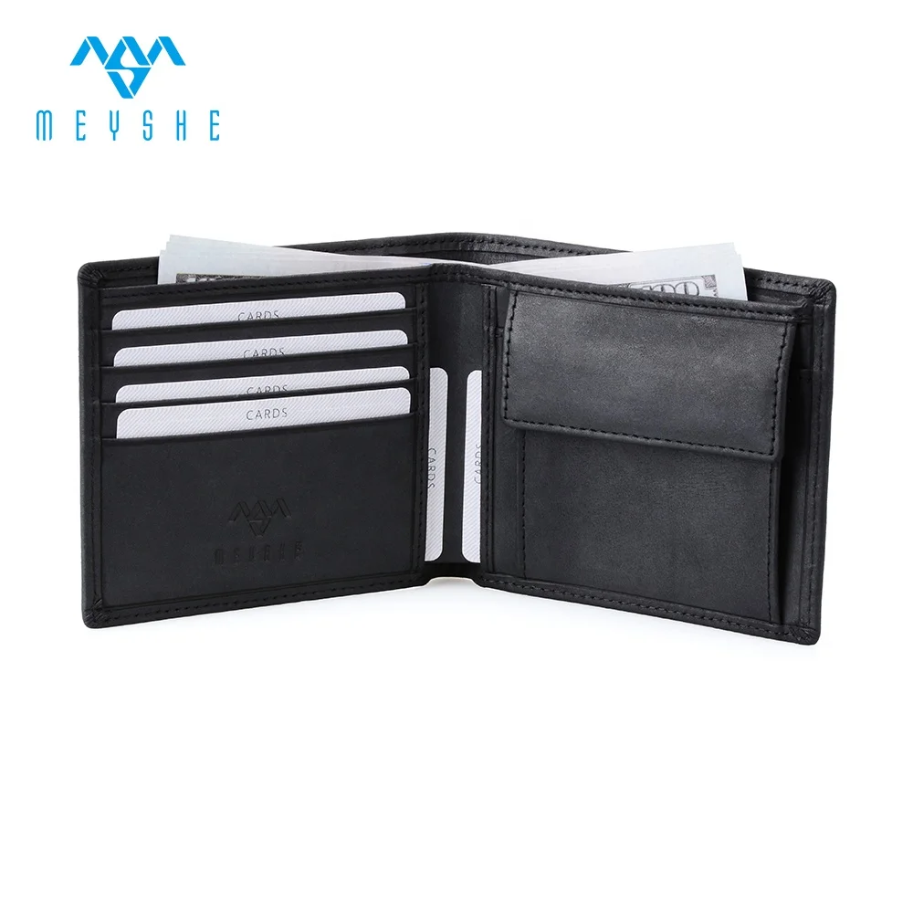 Vintage full grain cow leather rfid slim mens bifold wallet with coin cover