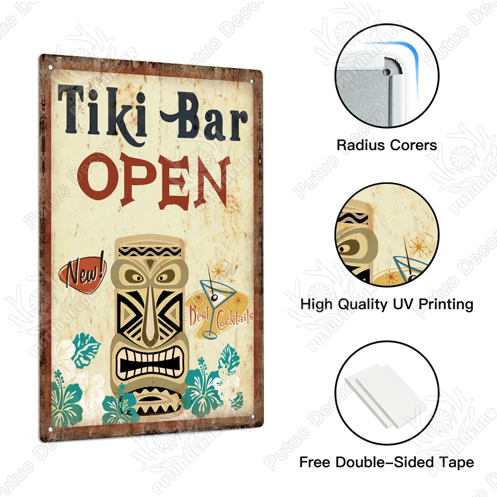 Putuo Decor High Quality Tiki Bar Tin Sign Cocktails Beer Metal Plaque Sign Bar Pub Wall Decor Retro Tin Sign