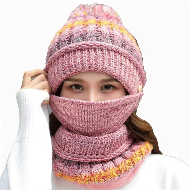 Designer thickened women winter warm knitted beanie hat outdoor collar scarf hat mask 3-pcs sets