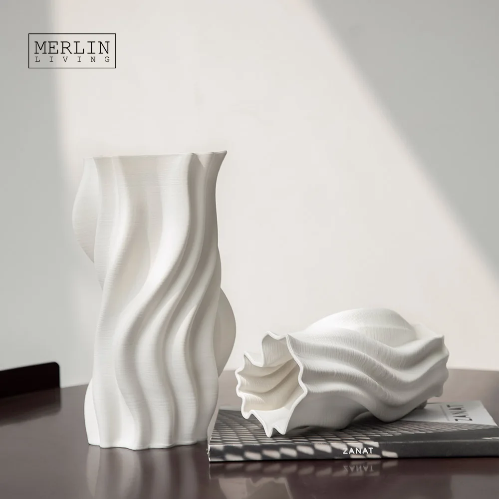 Merlin Living 3D Printing Vase Decoration Modern Abstract Curved River Ripple Nordic Vase Chaozhou Ceramic Factory Custom OEMODM