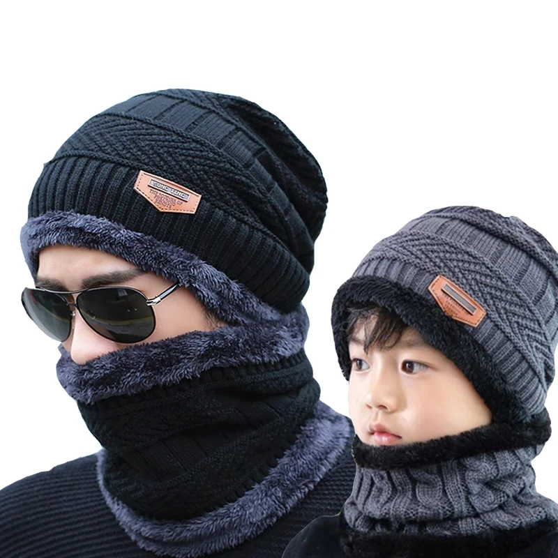 Soft Thicken Skullies Wool Knit Hat Fall Ski Neck Warm Beanie Set Kids Adult Winter Fleece Lined Knitted Hats Scarf
