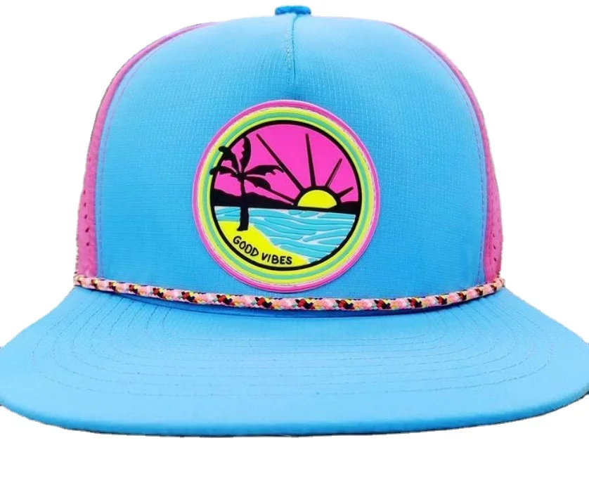 Custom sky blue cotton cap 3d embroidered adjustable size trucker hat snapback cap with rope