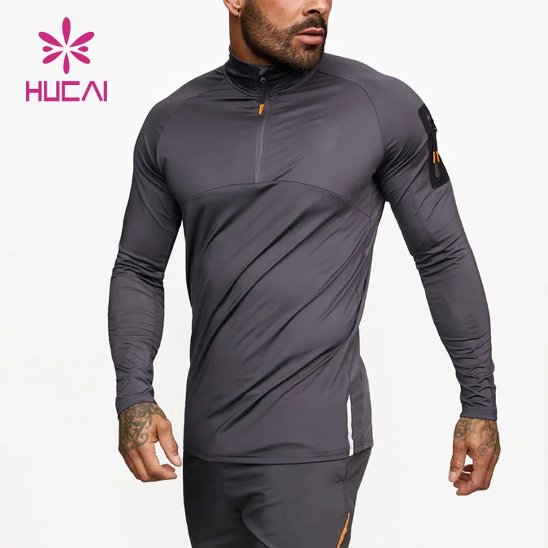 HUCAI Custom logo Training Top Workout men half zip athletic compression long sleeves sports dry fit gym t shirts for men