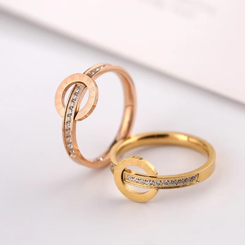 Amzaon Stylish Gold Plated Roman Numerals Full Diamond Band Rings No Fade Stainless Steel Round Circle Rhinestone Stacking Rings