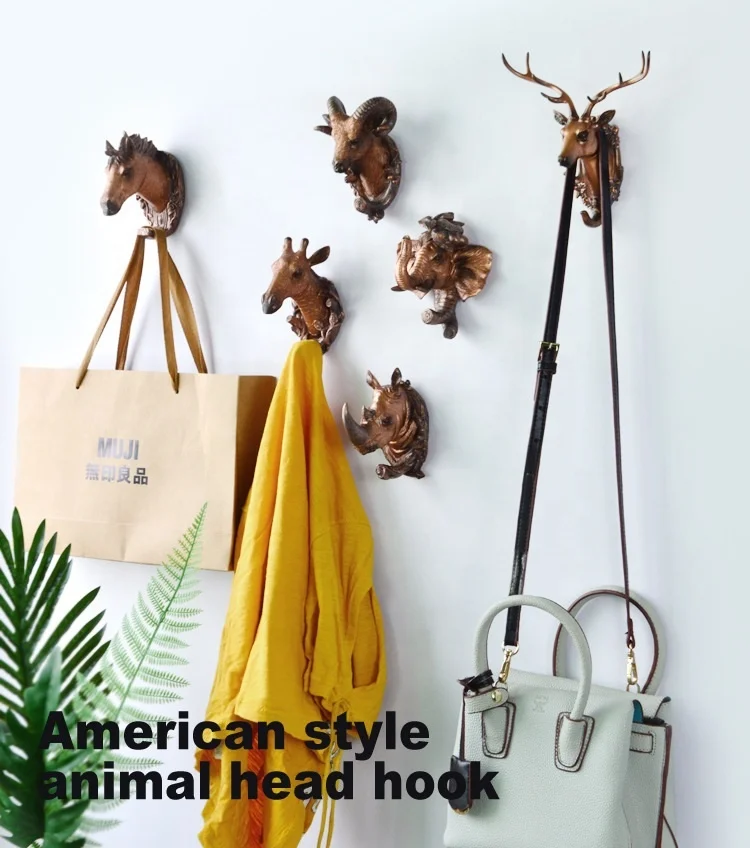 Retro Resin Animal Head Art Wall Hangers Clothes Hat Bag Key Hanging Hooks