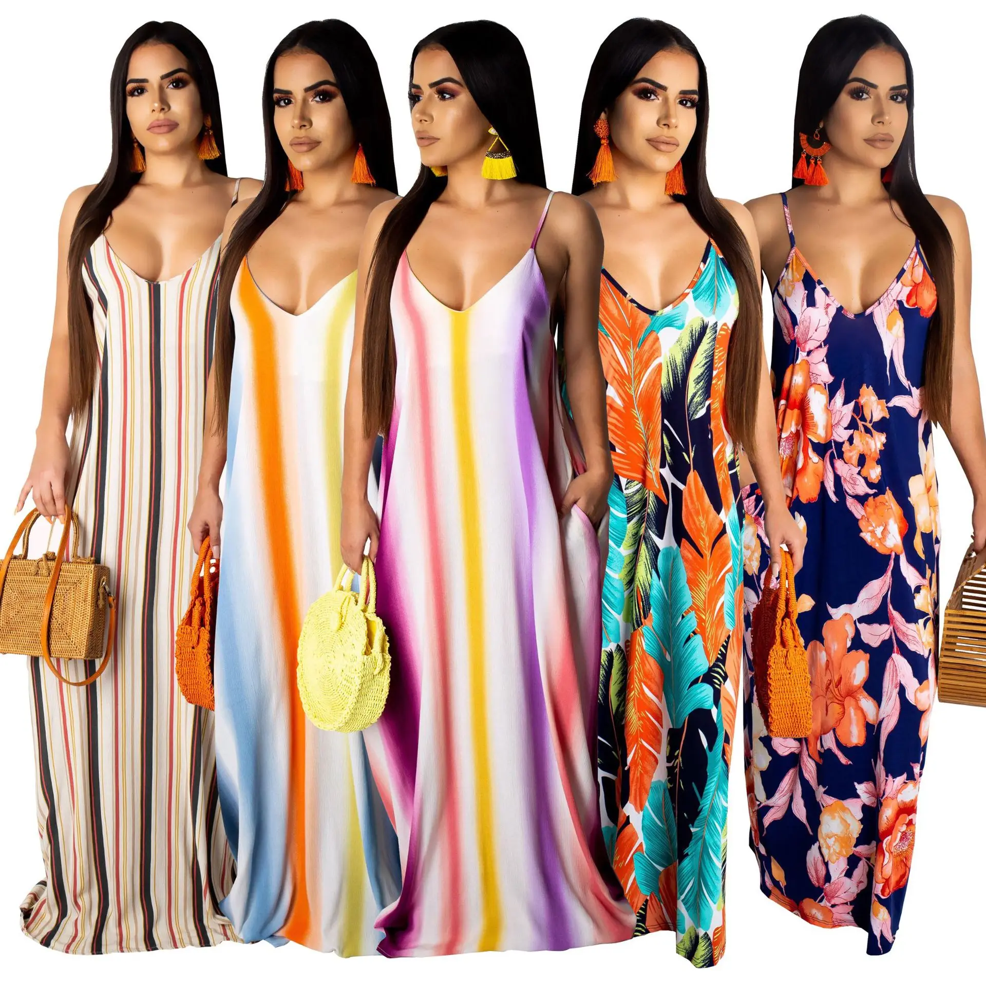 2022 Summer Dresses Sundress Women V Neck Loose Beachwear Floral Print Casual Maxi Dresses Sundress