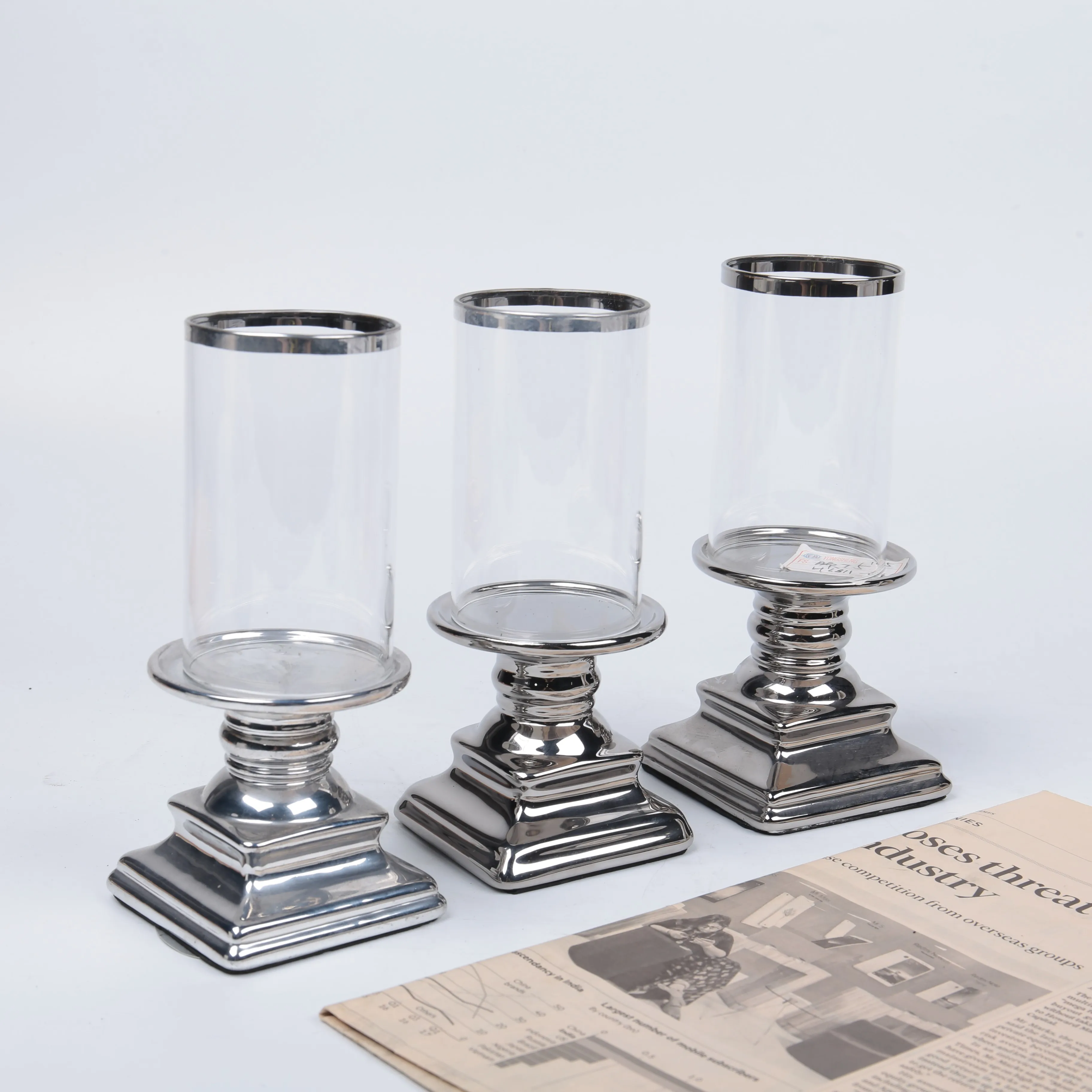 Wholesale European Wedding Tabletop Decor Cylinder Glass Pillar Hurricane Candle Holders With Silver Stand