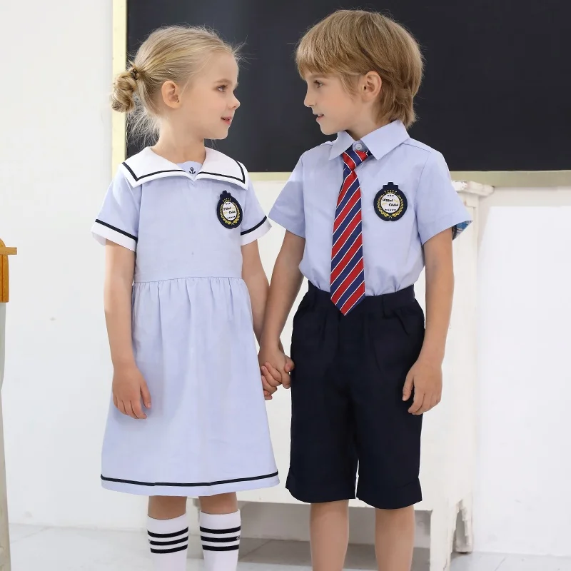 sky blue color upmarket quality sailor style  kindergarten and primary summer school uniform dress and short set