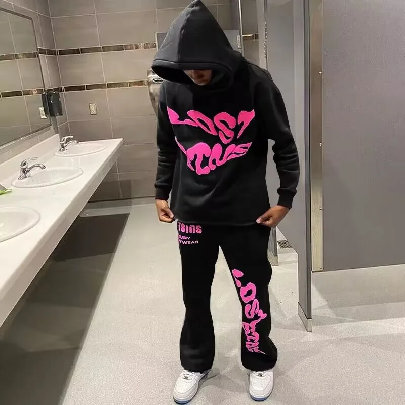 Custom Logo Basic Blank Jogger Flare Sweatpants Cropped Hoodie Men Solid Color Sweat Suit Mens Two Piece Sets Tracksuit