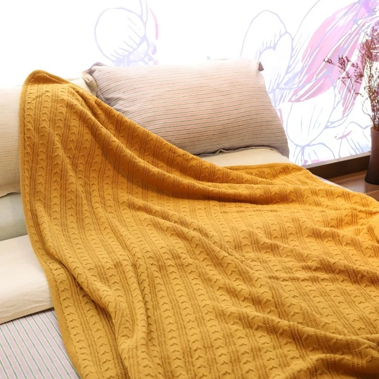 
Wholesale plush fluffy Plain yellow 100% cashmere wool cotton knitted throw blanket for autumn winter 