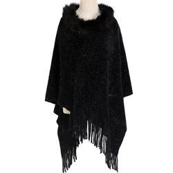 new scarf European American lady chenille poncho with fur collar winter keep warm sweater with Shiny yarn knit shawl for women