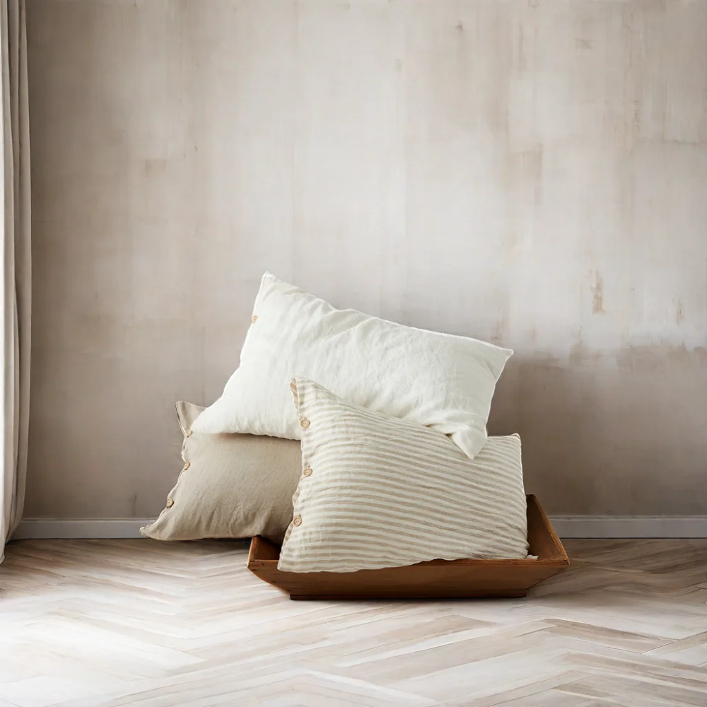 Modern French 100% Linen Cushion Cover scalloped edge striped linen vintage cushion Pillowcase customized Woven Fabric