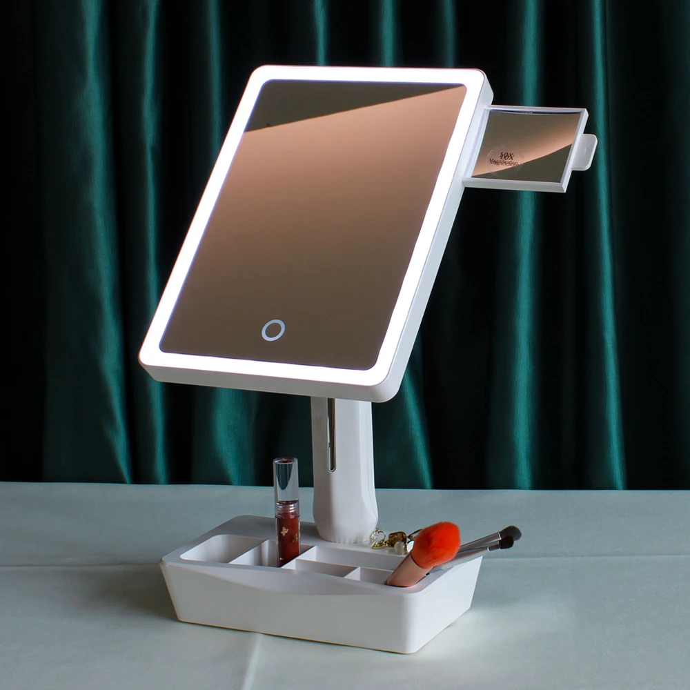 Girl Gifts Desktop Led Light Makeup Mirror With Organizer Storage Case Box Stand