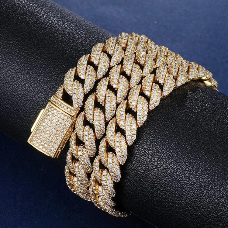 Hip Hop Jewelry 10mm Brass Cubic Zircon Cuban Chain Iced Out Prong Cuban Link Chain Bracelet Necklace CZ Miami Cuban Chain 0.5kg
